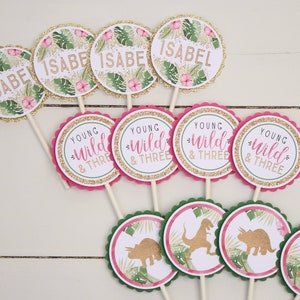 Dinosaur Girl Birthday Cupcake Toppers - "Young, Wild & Three" Birthday Party - Pink Gold Green Dinosaur Party Decorations, Cupcake Decor