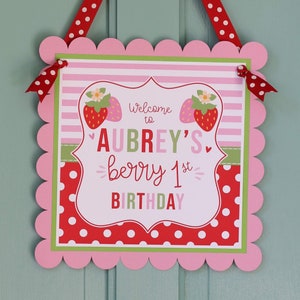 Strawberry Birthday Welcome Door Sign - Girl First Birthday Decorations Fully Assembled - Berry First Birthday, Pink Red Green, Summer Fruit