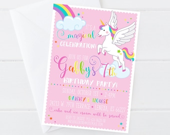 Rainbow Unicorn Birthday Invitation - Pink and Rainbow Unicorn Magical Birthday - Girl Birthday - Digital/Printable OR Printed & Shipped!