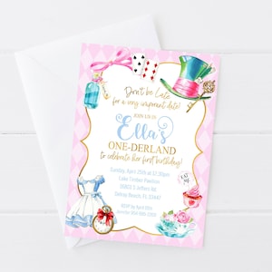 Alice in Onederland Birthday Invitation, Pink Aqua Gold, Wonderland First Birthday, Tea Party Invite Digital/Printable OR Printed & Shipped!