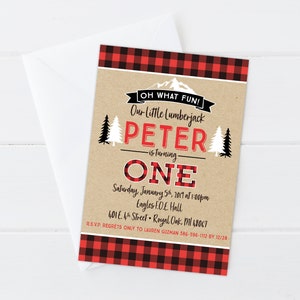 May include: A red and black plaid invitation for a first birthday party. The invitation features a brown background with the text "OH WHAT FUN! Our Little Lumberjack PETER is turning ONE" and a mountain silhouette. The invitation also includes the date, time, and location of the party, as well as the RSVP information.