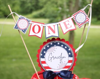 Fourth of July Patriotic Birthday Cake Topper, Firecracker Fireworks Cake Bunting & Topper Set, Summer Party Cake Banner, Smash Cake Topper