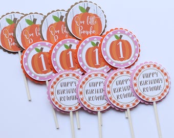 PUMPKIN GIRL Birthday Cupcake Toppers - Little Pumpkin Birthday Party - Pumpkin Girl Birthday Cupcake Picks - Pink & Orange