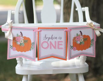 PUMPKINS & ROSES High Chair Banner - Girly Pink Pumpkin Birthday High Chair Decoration - High Chair Bunting - Fall First Birthday Party