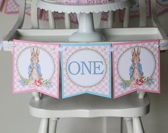 Peter Rabbit Girly High Chair Banner - Pink Rabbit Birthday High Chair Decoration - High Chair Bunting - Girl Bunny Birthday Party
