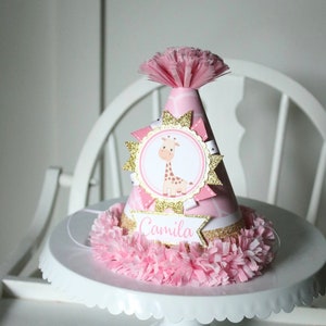 Giraffe Pink & Gold Birthday Party Hat, Giraffe Girl First Birthday Decorations, Jungle Girl Party Hat
