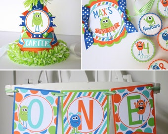 Little Monster FIRST BIRTHDAY Package - High Chair Banner, Monthly Photo Banner, Party Hat