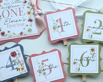 Wildflower First Birthday Photo Banner, First Birthday Wild One 12 Month Photo Banner, Floral Banner for Photos, Monthly Photo Display