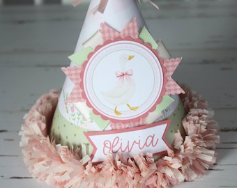 Chapeau de fête Silly Goose, chalet floral vintage rose et vert premier anniversaire, tenue d'anniversaire One Silly Goose
