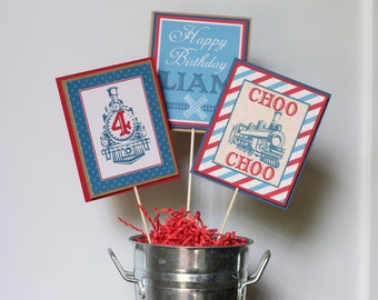 Vintage Train Birthday Party Centerpiece Sticks, Choo Choo Birthday Table Decorations, Train Centerpiece Sticks