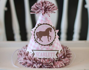 Cowgirl Horses Birthday Party Hat, Western Pink & Brown First Birthday Decorations, Cowgirl First Birthday