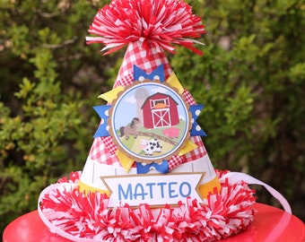 Farm Birthday Party Hat Boy - First Birthday Party Hat - Farm Barnyard First Birthday - Boy Birthday - Primary Colors