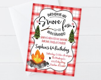 Bonfire Birthday Invitation, S'mores Camping Plaid Birthday Party Invite, Digital/Printable OR Printed & Shipped!