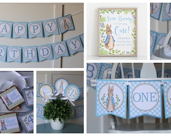 Peter Rabbit Birthday Decorations Package, First Birthday Party Decor Set, Banner, Hat, Photo Banner, High Chair Banner, Centerpiece