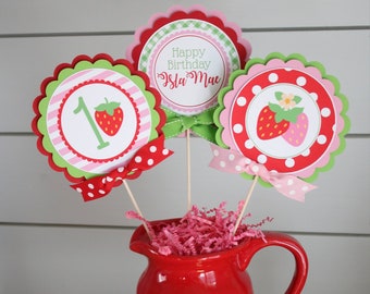 Strawberry Birthday Centerpiece Sticks, Berry First Birthday Party Table Decorations, Strawberry Birthday Decor, Pink Red Green