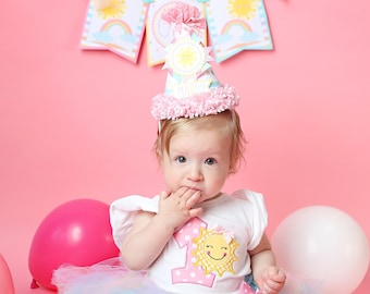 Rainbow Sunshine Birthday Party Hat, Pastel Rainbow First Birthday Party Hat, Girl First Birthday, Sunshine Party Hat - Pink, Yellow