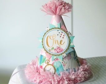 Alice in ONEderland First Birthday Party Hat, Alice in Wonderland First Birthday Decorations, Pink Party Hat,