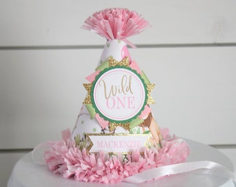 Jungle Safari Birthday Party Hat, Green & Pink Safari First Birthday, Baby Jungle Animals Birthday Decorations, Girl Wild One Photo Prop