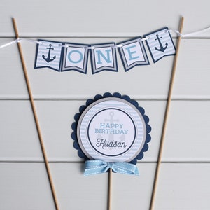 Nautical Cake Topper, Anchor Cake Bunting & Topper Set, Navy Gray Light Blue Nautical Decorations, Boy First Birthday