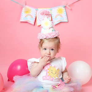 Rainbow Sunshine Birthday Party Hat, Pastel Rainbow First Birthday Party Hat, Girl First Birthday, Sunshine Party Hat - Pink, Yellow
