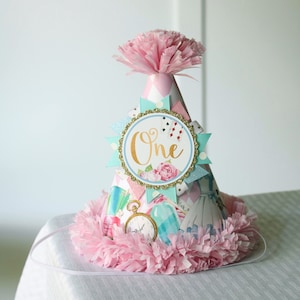 Alice in ONEderland First Birthday Party Hat, Alice in Wonderland First Birthday Decorations, Pink Party Hat,