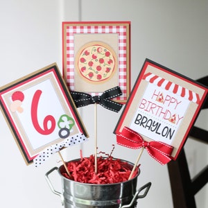 Pizza Party Birthday Centerpiece Sticks, Pizza Parlor Birthday Party Table Decorations, Pizza Birthday Centerpiece Sticks Red & Black