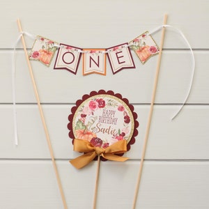 PUMPKIN GIRL Cake Topper Set, Cake Bunting & Topper Set, Little Pumpkin Cake Set, Burgundy and Gold, Pumpkin Roses
