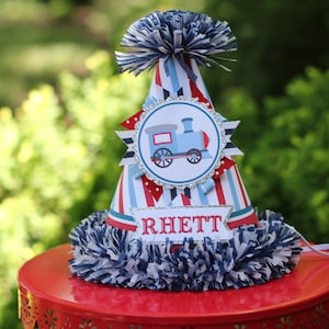 Toy Train Birthday Party Hat, Train Second Birthday, Boy Second Birthday, Train Birthday Party, Red and Blue
