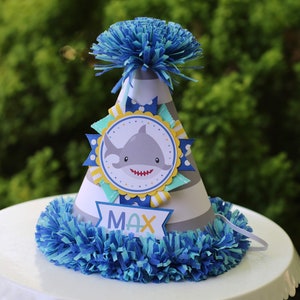 Shark First Birthday Hat - Boy First Birthday Party Hat - Blue & Yellow Shark Birthday - Summer First Birthday Photo Prop