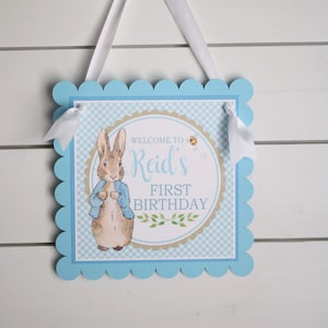 Peter Rabbit Birthday Welcome Door Sign - First Birthday Decorations Fully Assembled - Bunny Rabbit Birthday, Peter Rabbit Boy Blue Green