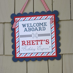 Toy Train Birthday Welcome Aboard Door Sign - Choo Choo Birthday Decorations Fully Assembled - Boy Birthday Sign