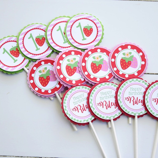 Strawberry Birthday Cupcake Toppers - "Berry First" Birthday Party - Berry Sweet Summer Cupcake Picks