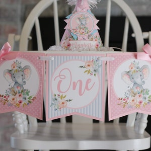 Elephant Floral High Chair Banner, Girly Pink & Gray Elephant First Birthday High Chair Decoration, High Chair Bunting