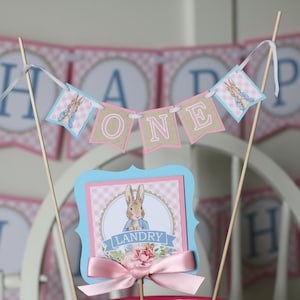Peter Rabbit Girly Cake Topper Set - Cake Bunting & Topper Set - Pink Bunny Birthday or Baby Shower Cake Banner Set - Light Blue