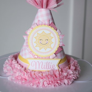 Sunshine Birthday Party Hat, You Are My Sunshine Party Hat, Pink Yellow First Birthday, Pink Gingham Party Hat