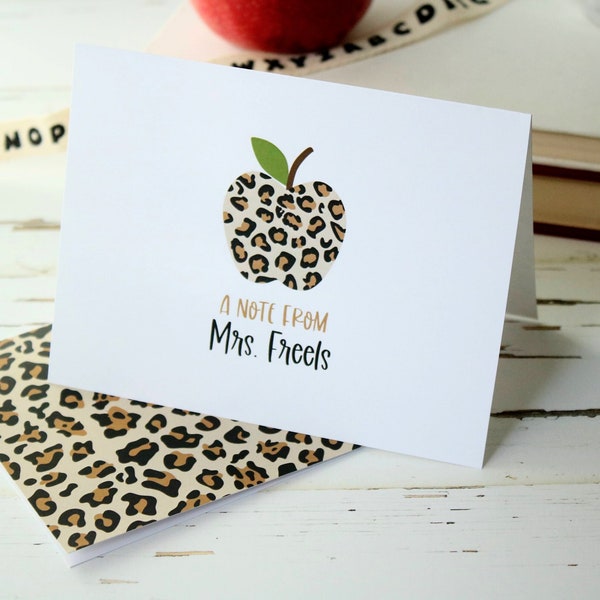 Leopard Apple Personalized Notecards, Leopard Stationery for Teachers, Teacher Appreciation Gift, Set of 10 Folded Notecards + Envelopes