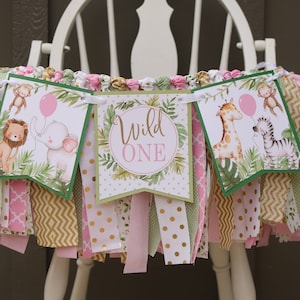 Jungle High Chair Fabric Garland,  Jungle Safari &quot;Wild One&quot; Birthday High Chair Decoration, High Chair Bunting Decor, Pink Green Gold