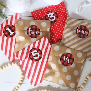 Advent Calendar, Countdown to Christmas, Advent Bags + Stickers, Advent Calendar Kit, Advent Countdown for Kids, Style: Buffalo Plaid
