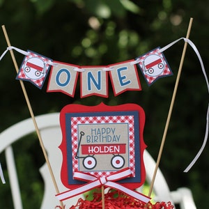 Red Wagon Cake Topper Set - Cake Bunting & Topper Set - Little Red Wagon, Red and Navy, Wagon First Birthday Party Decorations