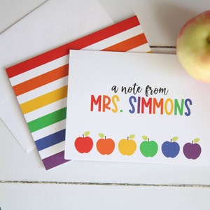 Personalized Teacher Notecards, Rainbow Apples Stationery for Teachers, Personalized Gift, Set of 10 Folded Notecards + Envelopes