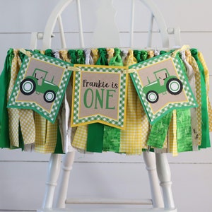 Tractor High Chair Fabric Garland - Boy Green Yellow Tractor Birthday High Chair Decoration, High Chair Bunting, Tractor Farm First Birthday