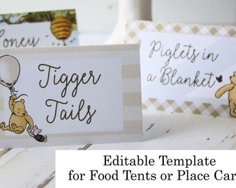 Classic Winnie the Pooh Food Tent Labels: Birthday, Baby Shower, Print Yourself! Editable Canva Template