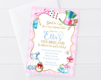 Alice in Onederland Birthday Invitation, Pink Aqua Gold, Wonderland First Birthday, Tea Party Invite Digital/Printable OR Printed & Shipped!