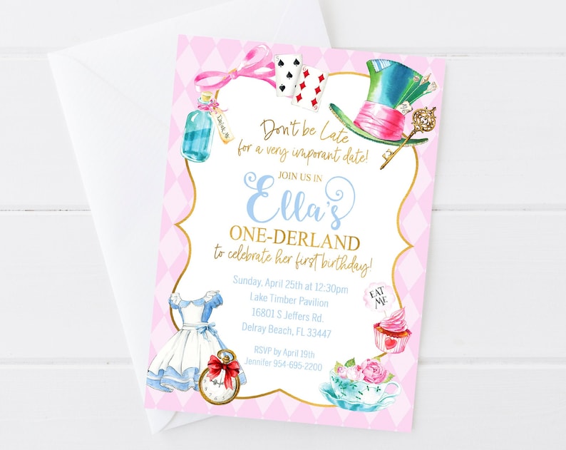 Alice in Onederland Birthday Invitation Pink Aqua Gold Wonderland First Birthday Tea Party Invite DigitalPrintable OR Printed