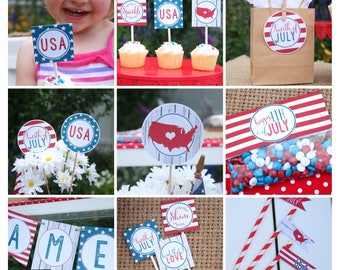 Fourth Of July Printable Party Package - 4th of July Patriotic Banner, Cupcake Toppers, Water Bottle Labels, Bag Toppers, Sign, Food Labels