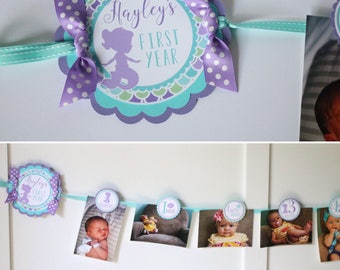 Mermaid Birthday First Year Photo Banner - 12 Month Photo Banner - Mermaid Purple & Aqua Birthday Party Photo Banner