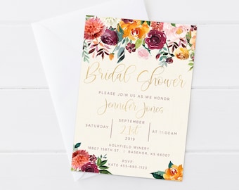 Fall Bridal Shower Invitation, Autumn Floral Wedding Bridal Shower, Watercolor Flowers  Invite Digital/Printable OR Printed & Shipped!