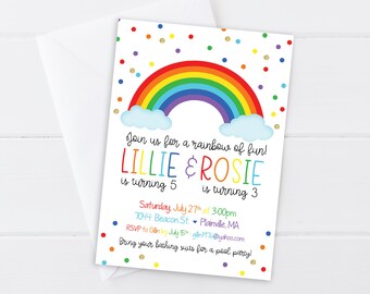 May include: A rainbow-themed birthday party invitation for Lillie turning 5 and Rosie turning 3. The invitation features a colorful rainbow with clouds and a confetti background. It includes the date, time, address, and RSVP information.