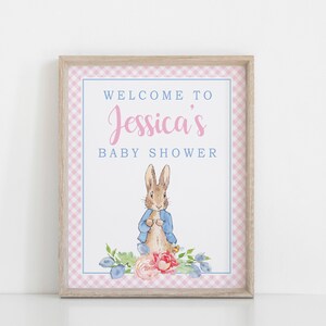 Peter Rabbit Baby Shower Sign, Pink Floral Bunny Welcome Sign or Poster, Printed/Shipped OR Printable