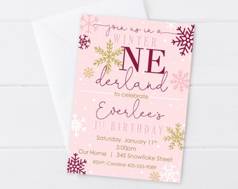 Hiver Onederland Girl Invitation, Blush Rose, Or, Marron, Flocon de neige Premier anniversaire, Hiver 1st, Numérique / Imprimable OU Imprimé &Expédié!